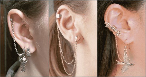 Bông tai nữ kẹp vành đính đá dây xỏ dài 